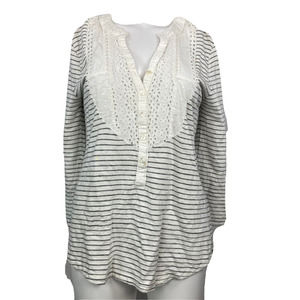 Gramicci‎ Shirt Womens Sz M Organic Cotton White Black Striped Bib Eyelet Top